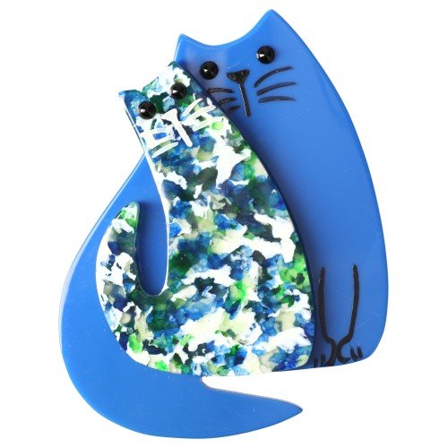 Cobalt Blue and Glitter Blue Cat Couple Brooch - Galalith – Vintage Jewelry - handcrafted by Pavone by Pavone