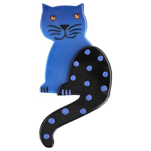 Cobalt Blue Striped Tail Cat Brooch with Dots - Galalith – Vintage Jewelry - handcrafted by Pavone by Pavone