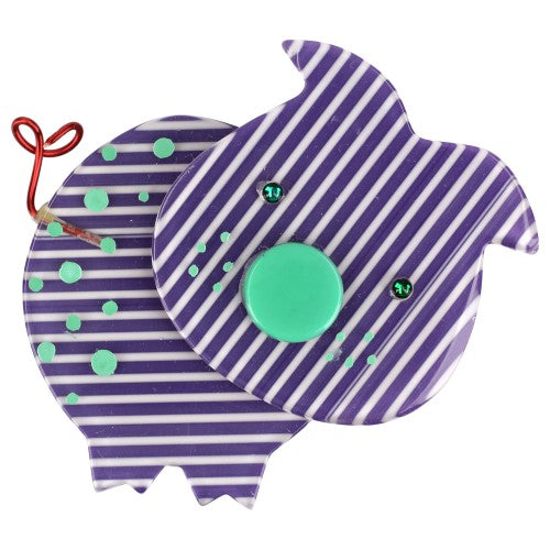 Purple and White Striped Pig Brooch with Green Polka Dots GM