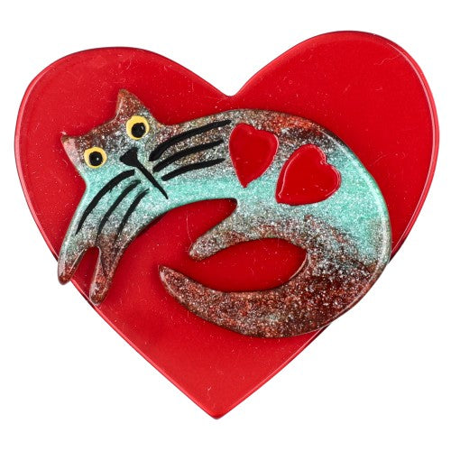 Rainbow Cat on Pearly Red Heart Brooch (small size)