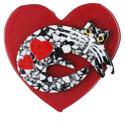 Black and White Mosaic Cat on Pearly Red Heart Brooch (small size)
