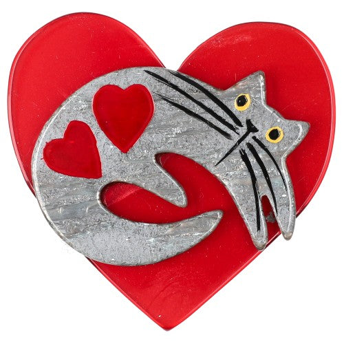 Silver Grey Cat on Pearly Red Heart Brooch (small size)