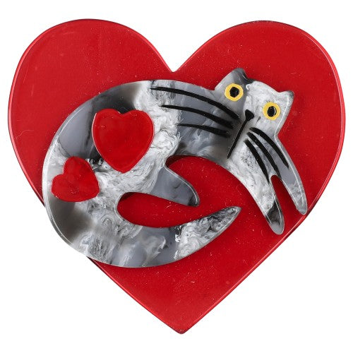 Black and White Cat on Pearly Red Heart Brooch (small size)
