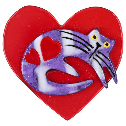 Lilac and White Cat on Pearly Red Heart Brooch (small size)
