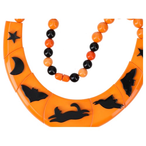 Orange and Black Halloween Necklace with Cat, Bat and Crow
