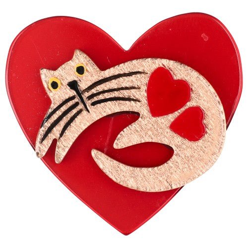 Copper Gold Cat on Pearly Red Heart Brooch (small size) - Galalith – Vintage Jewelry - handcrafted by Pavone by Pavone