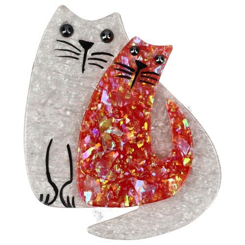 Glitter White and Glitter Red Cat Couple Brooch - Galalith – Vintage Jewelry - handcrafted by Pavone by Pavone
