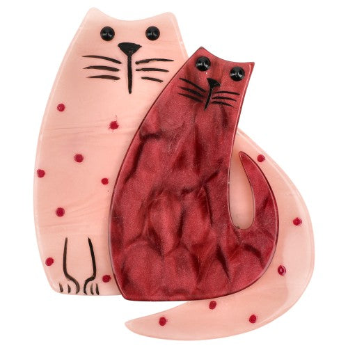 Pearly Light and Raspberry Pink Cat Couple Brooch with Dots 