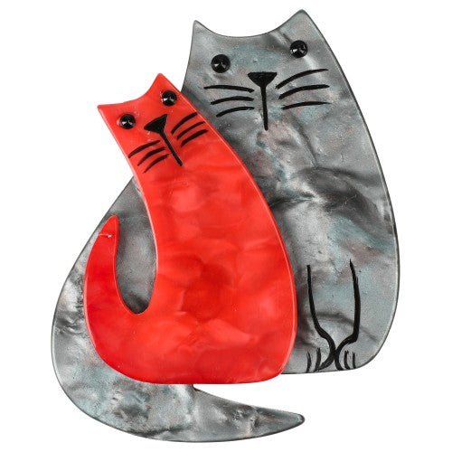 Silver Grey and Red Cat Couple Brooch