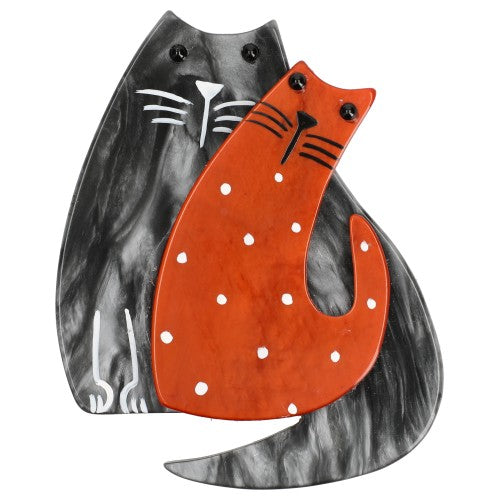 Grey and Ginger with Polka Dots Cat Couple Brooch 