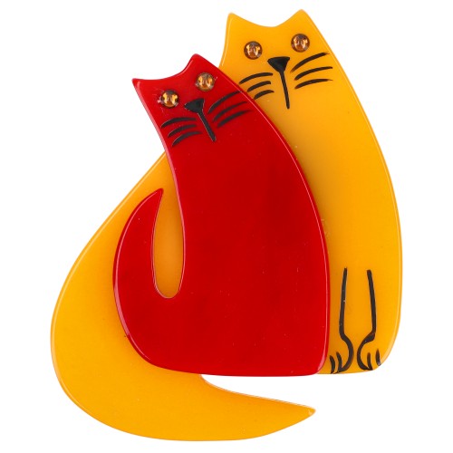 Yellow and Red Cat Couple Brooch
