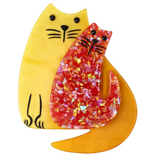 Yellow and Brilliant Red Cat Couple Brooch