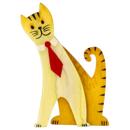 Lemon and Corn Yellow Tie Cat with a Red Tie - Galalith – Vintage Jewelry - handcrafted by Pavone by Pavone