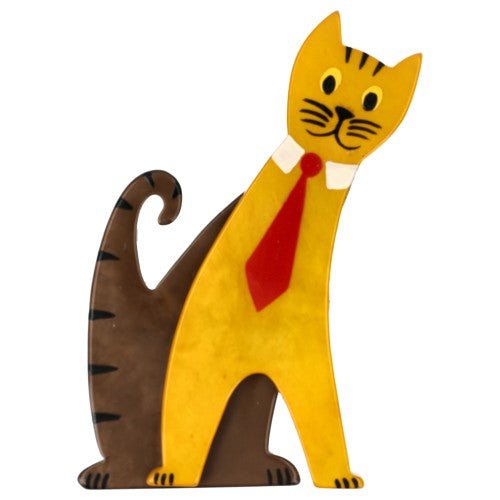 Corn Yellow and Brown Tie Cat with a Red Tie - Galalith – Vintage Jewelry - handcrafted by Pavone by Pavone
