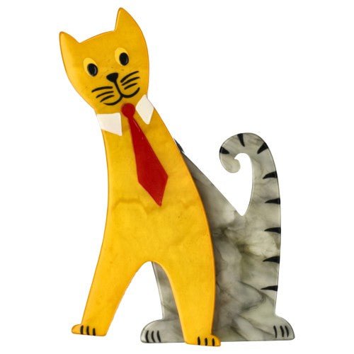 Corn Yellow and Light Grey Tie Cat with a Red Tie - Galalith – Vintage Jewelry - handcrafted by Pavone by Pavone