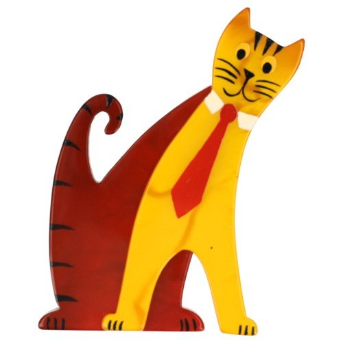 Corn Yellow and Burgundy Red Tie Cat with a Red Tie - Galalith – Vintage Jewelry - handcrafted by Pavone by Pavone