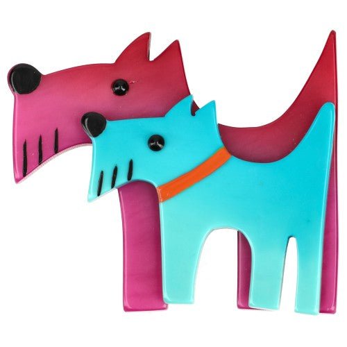 Cyclamen Pink and Aauamarine Blue Double Dog Brooch - Galalith – Vintage Jewelry - handcrafted by Pavone by Pavone