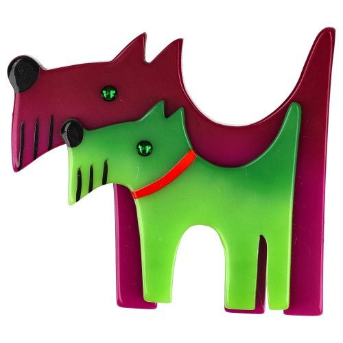 Cyclamen Pink and Anise Green Double Dog Brooch (Left) - Galalith – Vintage Jewelry - handcrafted by Pavone by Pavone