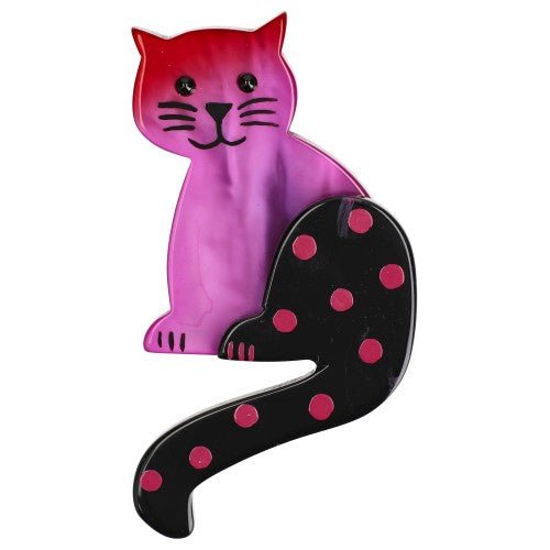 Cyclamen Pink Striped Tail Cat Brooch with Dots - Galalith – Vintage Jewelry - handcrafted by Pavone by Pavone