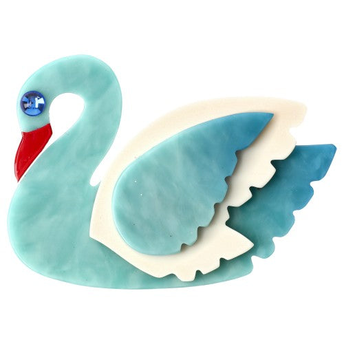 Azur Blue with White Wing Swan Bird Brooch