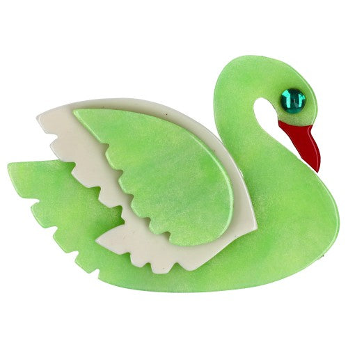 Iridescent Anise Green and Ivory Swan Bird Brooch