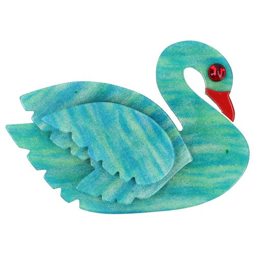 Iridescent Anise Green and Turquoise Swan Bird Brooch