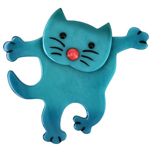Turquoise Blue Dancing Cat Brooch