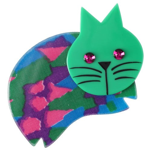 Pink, Purple, Green, Turquoise Print and Lagoon Green  Plump Cat Brooch