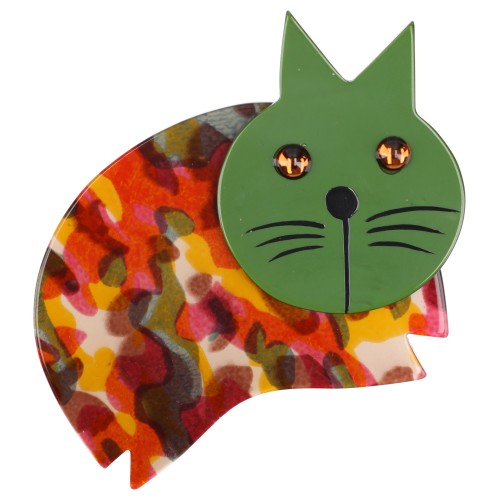 Yellow, red, moss green, brown Print and Moss Green  Plump Cat Brooch
