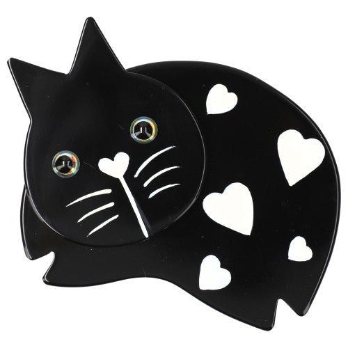 Black with White Hearts Plump Cat Brooch - Galalith – Vintage Jewelry - handcrafted by Pavone by Pavone