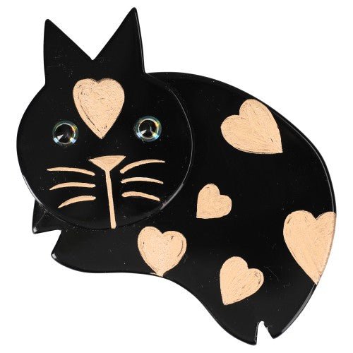 Black with Dold Hearts Plump Cat Brooch - Galalith – Vintage Jewelry - handcrafted by Pavone by Pavone