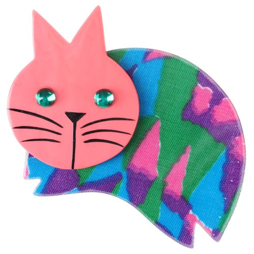 Pink, Purple, Green, Turquoise Print and Candy Pink  Plump Cat Brooch
