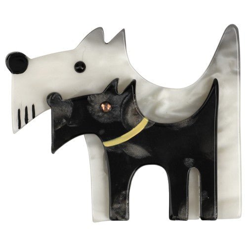 White and Anthracite Grey/iridescent yellow Double Dog Brooch - Galalith – Vintage Jewelry - handcrafted by Pavone by Pavone