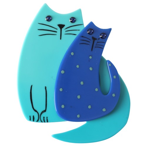Aquamarine and Blue with Polka Dots Cat Couple Brooch