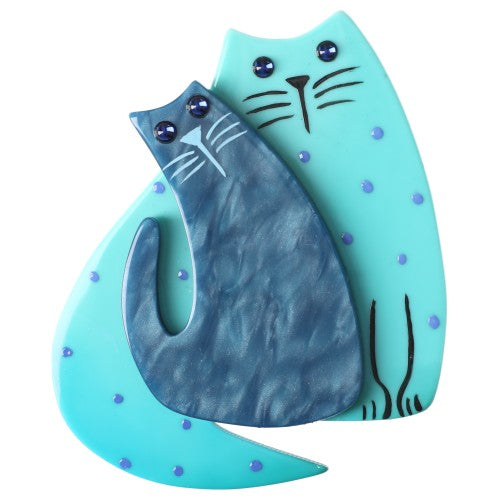 Aquamarine and Ocean Blue with Polka Dots Cat Couple Brooch
