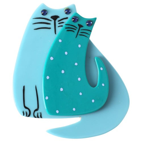 Azur Blue and Turquoise with Polka Dots Cat Couple Brooch