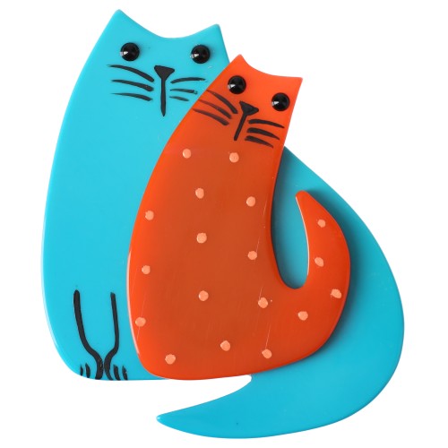 Turquoise et Orange with Polka Dots Cat Couple Brooch