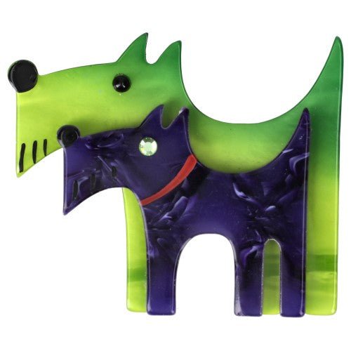 Anise Green and Green Deep Purple Double Dog Brooch - Galalith – Vintage Jewelry - handcrafted by Pavone by Pavone