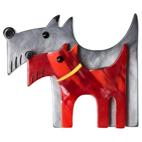 Grey and Flamed Red Double Dog Brooch - Galalith – Vintage Jewelry - handcrafted by Pavone by Pavone