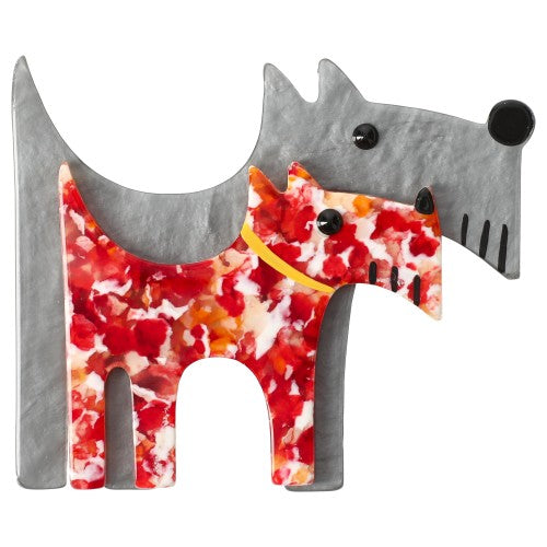 Grey and Spotted Red Double Dog Brooch