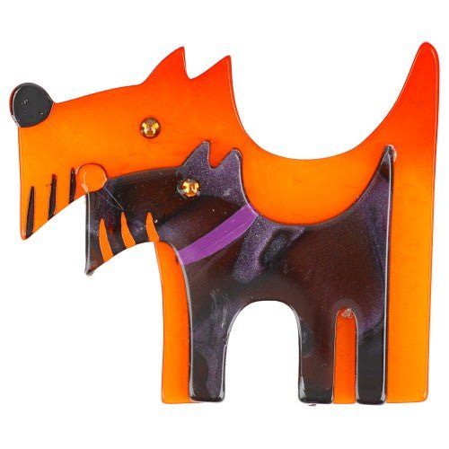 Bright Orange and Iridescent Purple Double Dog Brooch - Galalith – Vintage Jewelry - handcrafted by Pavone by Pavone