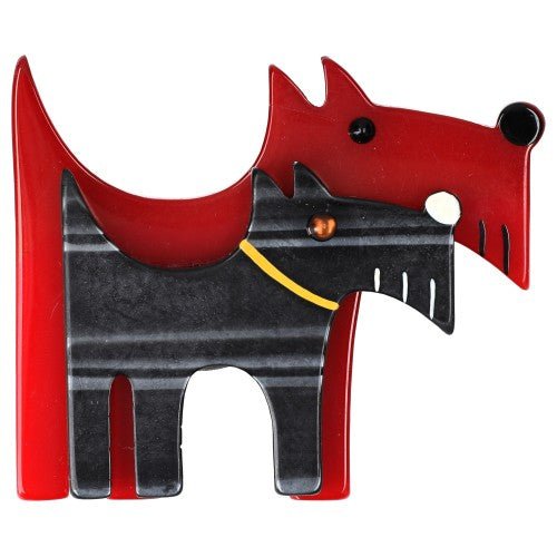 Red and Black With Horizontal Silver Stripe Double Dog Brooch - Galalith – Vintage Jewelry - handcrafted by Pavone by Pavone