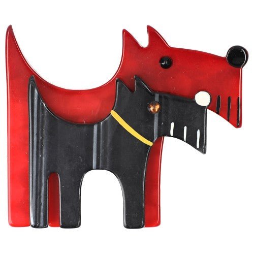 Red and Black With Vertical Silver Stripe Double Dog Brooch - Galalith – Vintage Jewelry - handcrafted by Pavone by Pavone
