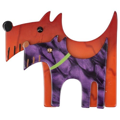 Ginger Brown And Purple Green Double Dog Brooch - Galalith – Vintage Jewelry - handcrafted by Pavone by Pavone