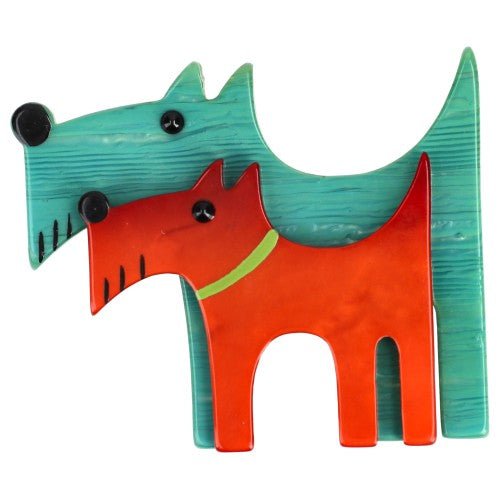 Jade Green with silver line and Ginger Orange Double Dog Brooch - Galalith – Vintage Jewelry - handcrafted by Pavone by Pavone
