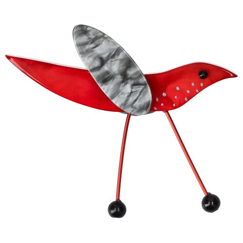 Red Wader Bird Brooch with Silver Grey Wing 