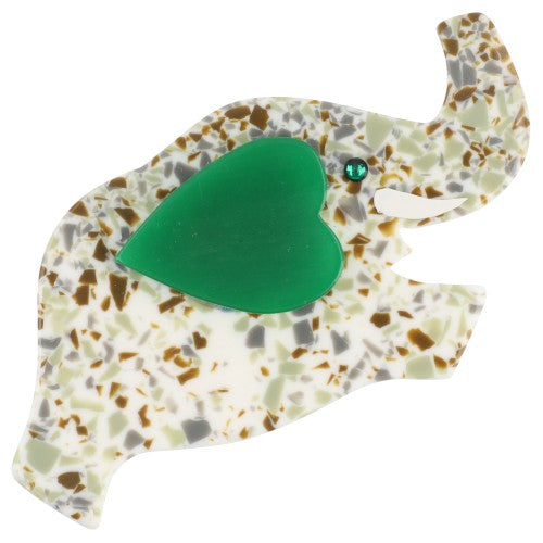 White, green and brown Mosaic  Elephant Heart  Brooch With Green Ear