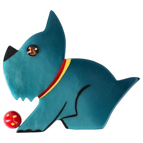 Emerald Blue Lucien Dog Brooch with a Red Ball - Galalith – Vintage Jewelry - handcrafted by Pavone by Pavone