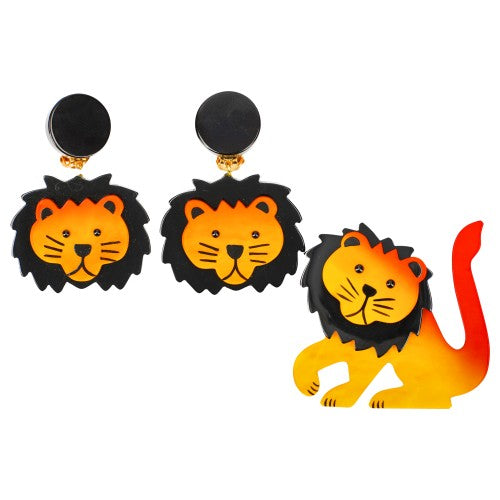 Yellow and Black Lion Leo Brooch and Earrings (SET)