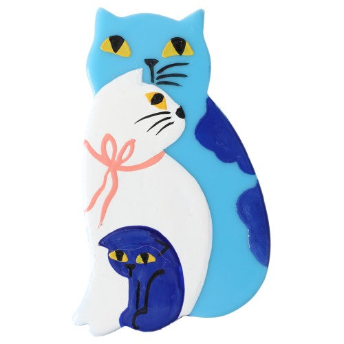Azur Blue, White and Navy Blue Family Cat Brooch